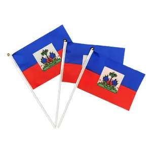 Produsen Grosir 68D Poliester 14*21Cm Bendera Haiti, Tiang Mini Kustom Bendera Haiti Melambai Tangan