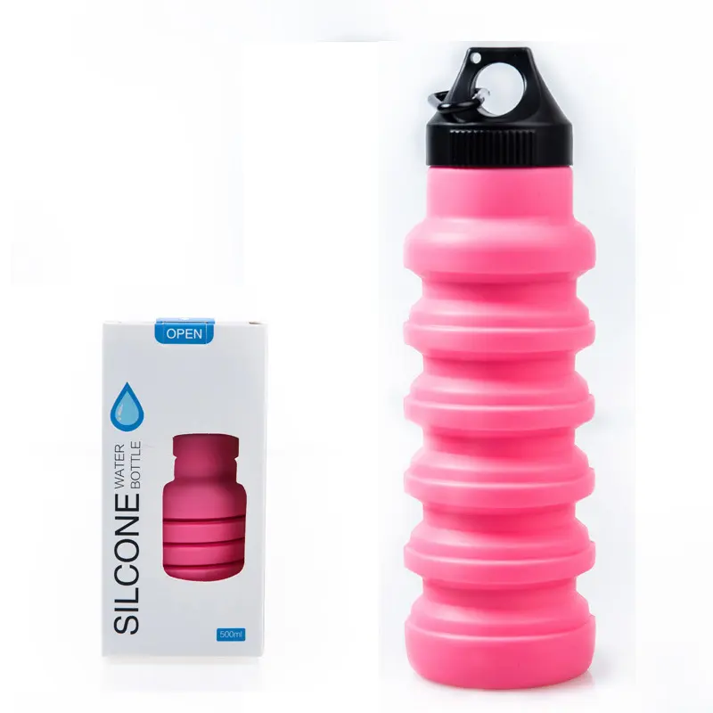 Hot Sale Botella De Agua Plegable Silicon Outdoor Pink Folding Sports Drink Bottles Silicone Collapsible Travel Water Bottle