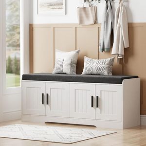 <span class=keywords><strong>Banc</strong></span> de rangement en bois à 2 niveaux, <span class=keywords><strong>banc</strong></span> à chaussures avec coussin d'assise rembourré épaissi, <span class=keywords><strong>banc</strong></span> d'entrée écologique et peu encombrant, 4 portes réglables - Product Image 1