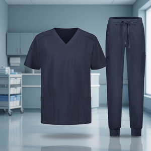 Unisex Navy <b>Blue</b> <b>Scrub</b> Set Short Sleeve Top With Pockets Drawstring Pants Hospital Uniforms Woven Cotton Polyester - Product Image 3