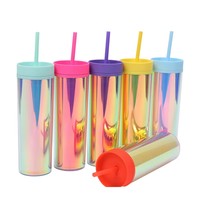 Gobelet de voyage à café jetable OEM ODM Laser Dazzle à double paroi en PS de qualité alimentaire 500 ml avec étiquette moulée, couvercle coloré et paille