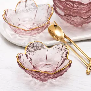 小玻璃盘北欧风格金色镶嵌玻璃沙司碗迷你日本樱花调味盘冰淇淋水果沙拉