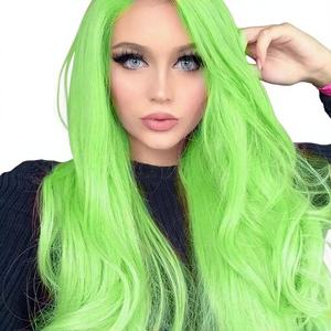 <span class=keywords><strong>Perruque</strong></span> à dentelle frontale vert néon pour femmes, longue, bouclée, ondulée, douce, pré-épilée, ligne de cheveux naturelle, sans colle, synthétique, résistante à la chaleur, 22 - Product Image 1