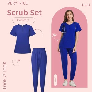 Venta al por mayor cremallera cuello redondo manga corta Top médico Scrub vendedores mujeres uniformes médicos elásticos conjuntos Hospital - Product Image 5