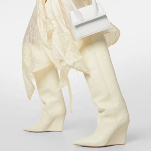 Bottes hautes pour femmes à jambes larges, taille 46, bout pointu sexy, chaussures à talons compensés, bottines en cuir de vache - Product Image 1
