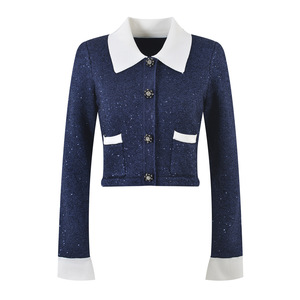 2025 mùa thu mùa đông thanh lịch phụ nữ rắn len hai mảnh thiết lập nút tương phản màu xanh hải quân dệt kim cardigans Áo + ngắn A-line - Product Image 2