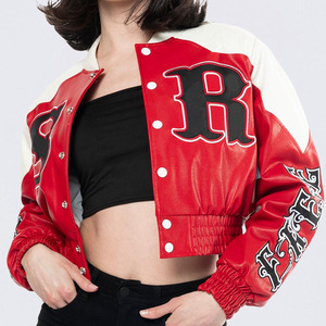 Veste de course en cuir véritable <span class=keywords><strong>rouge</strong></span> de haute qualité personnalisée pour femmes, avec patch brodé, veste de moto courte - Product Image 4
