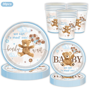 Artículos para Fiesta de Baby Shower con Ositos de Peluche, 30 Platos y Vasos Desechables Azules y Marrones para Revelación de Género de Niño, para Dar la Bienvenida al Bebé - Product Image 1