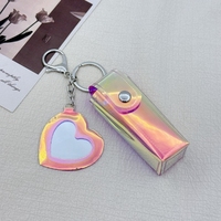 Étui à rouge à lèvres mini en cuir laser, porte-clés, sac de rangement en forme de cœur de dessin animé avec miroir, accessoire portable à suspendre