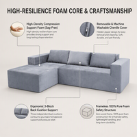 Canapé sectionnel profond avec chaise longue, revêtement en chenille, accoudoirs bas, canapé modulaire 2 pièces pour petit appartement