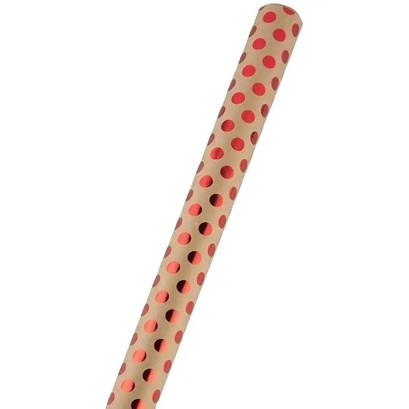 Papier Gift Wrap - Kraft Inpakpapier-25 M²-Rode Folie Stippen Op Bruin Kraftpapier-Roll Verkocht Individueel