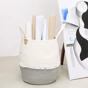Panier de rangement tissé rond en coton et lin avec poignée, pliable, à pompons, grand format, pour vêtements, gris beige - Product Image 1