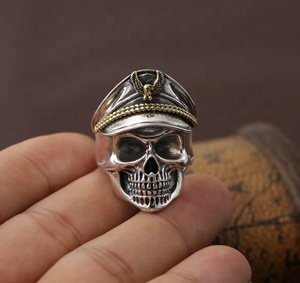 Bague pour homme en argent sterling 925, style gothique unique, hip-hop, rock, punk, crâne, officier, pirate, capitaine - Product Image 5