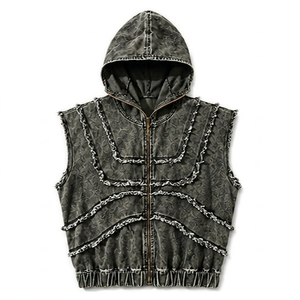 เสื้อกั๊กยีนส์มีฮู้ดแขนกุดสำหรับผู้ชายสไตล์สตรีทแวร์ - Product Image 1
