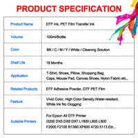 Encre textile de Film de transfert PET DTF 100ml pour imprimantes Epson i3200 4720 XP600 1390 L1800 F2000 L805