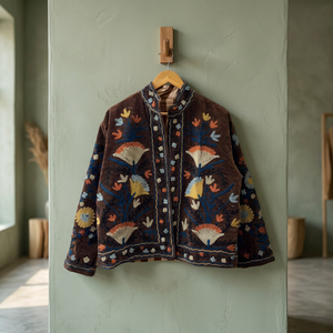 Chaqueta Suzani de Terciopelo Marrón Chocolate para Mujer, al por Mayor, Hecha a Mano, con Bordado Floral, Chaqueta Corta Forrada para Invierno - Product Image 4