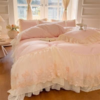 Ensemble de jupe de lit en dentelle de chiffon brodée de luxe français, polyester doux pour la peau 300 fils, style européen et américain léger, quatre pièces