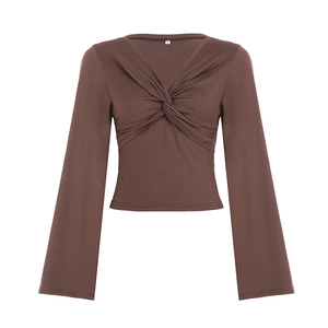 Haut en tricot à col en V noué pour femme, manches évasées, t-shirt décontracté, couleur unie, taille ajustée, pull, chemisier mode rétro Y2K - Product Image 6