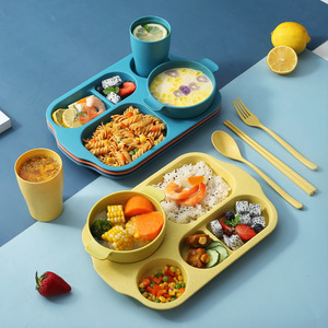 Juego de Platos Compartimentados de Paja de Trigo Younis, 6 Piezas, Vajilla Creativa para Estudiantes, Tazón de Arroz, Palillos, Vaso para Agua - Product Image 1