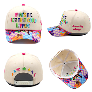 Casquette de baseball structurée à 5 panneaux bicolore avec cordon, broderie 3D personnalisée de <span class=keywords><strong>mots</strong></span> motivants et motif à carreaux arc-en-ciel - Product Image 2