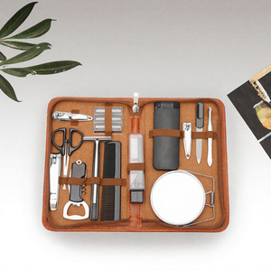 Brown <b>Men</b> <b>Grooming</b> <b>Kit</b> Stainless Steel Manicure DIY Tool Travel Personal Care Tools in Zipper Case - Product Image 2