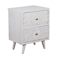 Table de chevet en bois sculptée à la main avec 2 tiroirs, finition blanchie, motif floral