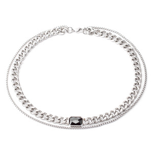 สร้อยคอคิวบันสแตนเลสสตีลสองชั้นพร้อมจี้แก้วสีดำลายเรขาคณิตสำหรับผู้ชาย - Product Image 5