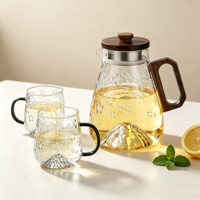 Carafe à eau en verre borosilicate de 1,3 L avec 2 tasses, motif flocon de neige, pour eau froide, théière en verre avec poignée en bois, vaisselle