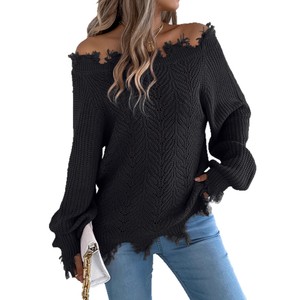 Real Shot 2026 Automne Europe États-Unis Pull <span class=keywords><strong>Femme</strong></span> Indépendante à Manches Longues, Couleur Unie, Découpes et Épaules Dénudées - Product Image 5