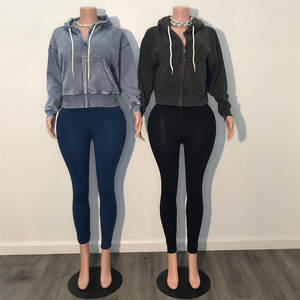 Huili tinta unita abiti in bianco logo personalizzato Vintage Activewear Y2k acido lavaggio Zip up con cappuccio e Leggings due pezzi da donna Set felpa con cappuccio - Product Image 4