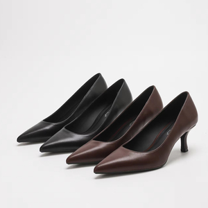 Chaussures à talons pour femmes en cuir mat noir à bout pointu 6002-25, talon moyen, confortables, chaussures à talons hauts pour le travail de bureau - Product Image 4