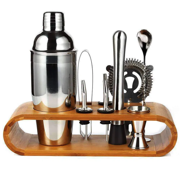 New Custom OEM Stainless Steel bar tools Cocktail Shaker Mixer Set with Bamboo Stand