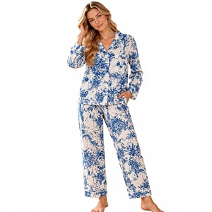 Conjunto de pijama con estampado floral de otoño para mujer, pantalones de manga larga, cuello con muescas, ropa de dormir con botones, ropa de dormir para mujer - Product Image 1