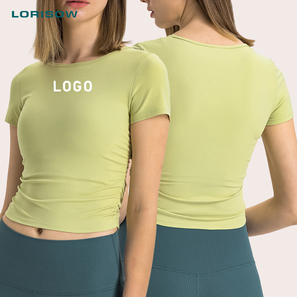 LORISOW Customization logo Female Activewear Fashion Running Sports Gym Shirts Women Ribbed Short Sleeve Round Neck Yoga Top