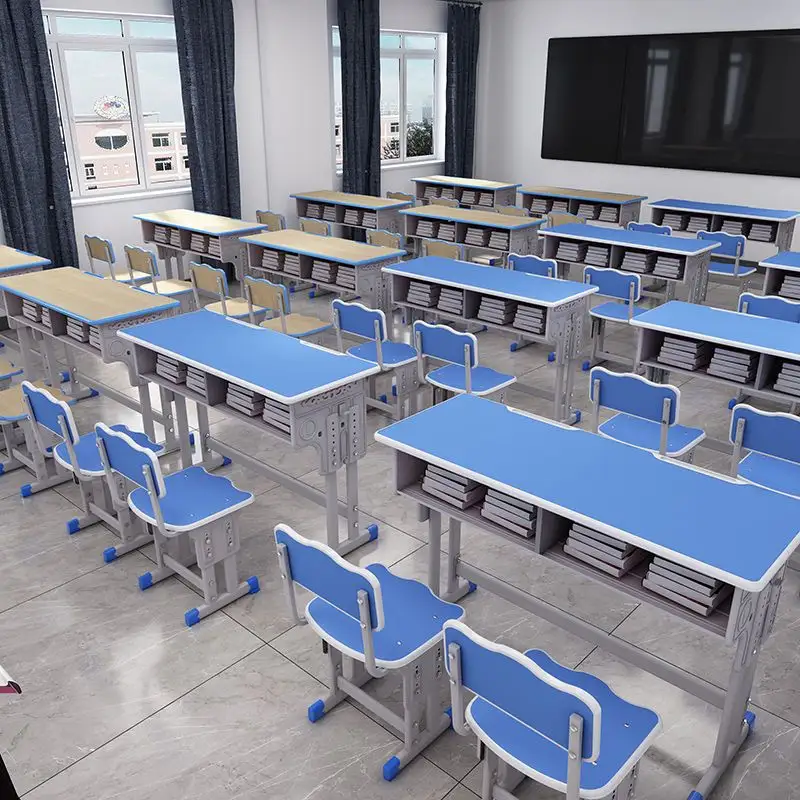 Scrivania per studenti in aula con stelo della scuola elementare scrivania con doppio sedile e sedia per classe scolastica per studiare la scrivania della scuola in legno