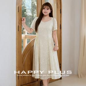 แฮปปี้ พลัสเดรสชีฟองลายนูน N9274 ไซส์พลัสทรงเอคอเหลี่ยมแขนสั้นวานิลลาไรซ์เดรสผู้หญิง - Product Image 3