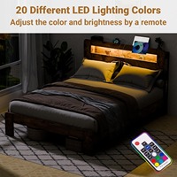 Lit plateforme moderne en bois avec tête de lit, éclairage LED, station de charge et rangement, taille Queen