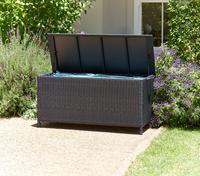 Boîte de rangement extérieure en osier pour coussin de jardin en rotin PE imperméable avec panneau en plastique