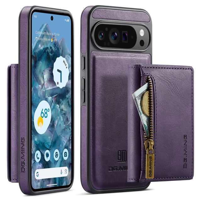 DG.MING M5 Vintage Leather Zipper RFID Wallet Card Holder Magnetic Detachable 2 in 1 Phone Cover Case for Google Pixel 9 Pro XL