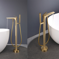 Robinet de baignoire autoportant en laiton massif doré brossé, mitigeur de baignoire à poser au sol, eau chaude et froide pour salle de bain