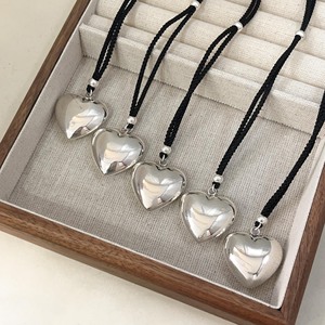 S925 Sterling Silver <b>Heart</b> Necklace <b>Black</b> Cord Adjustable For Women Gift Jewelry - Product Image 1