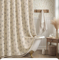 Rideau de douche, rideau de douche en polyester imprimé lin avec pompons, rideau de séparation pour salle de bain, rideau de salle de bain
