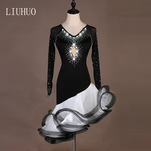 Venta directa de fábrica barato negro profesional de baile latino y vestidos de 8 capas Latina vestidos