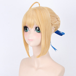 Peluca de cosplay de <span class=keywords><strong>Fate</strong></span> <span class=keywords><strong>Stay</strong></span> <span class=keywords><strong>Night</strong></span> Saber, versión recogida con mechas doradas, versión oscurecida - Product Image 2