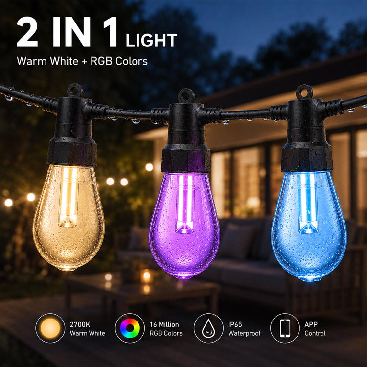 Smart RGBW Outdoor String Lights 2700K Warm White 16 Million Colors for Patio Party