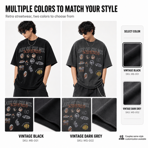 T-shirt en coton épais 285G pour homme, coupe ample, noir, avec motif vintage délavé, manches courtes, style streetwear américain, personnalisable - Product Image 3