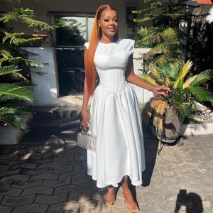 Vestido de Verano 2025 Nuevo Estilo Europeo Americano para Mujer, Tejido Liso, Corte A, Espalda Cruzada, Cuello Redondo, Cintura Imperio - Product Image 3