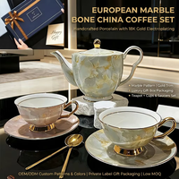 Ensemble de tasses à café et soucoupes en porcelaine fine Kingze, finition marbrée dorée, tasse de 220 ml, théière de 1150 ml, boîte cadeau