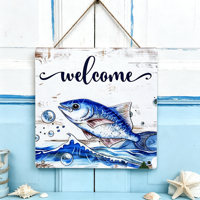 Plaque murale en bois à suspendre avec motif poisson marin, impression UV, décoration de porte ou mur, avec corde pour accrocher