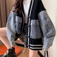 Nouvelle Collection Automne 2026 – Veste en jean tricotée noire pour femme, col en V, cardigan oversize avec poches plaquées et manches bouffantes, style vintage décontracté – Vente en gros
